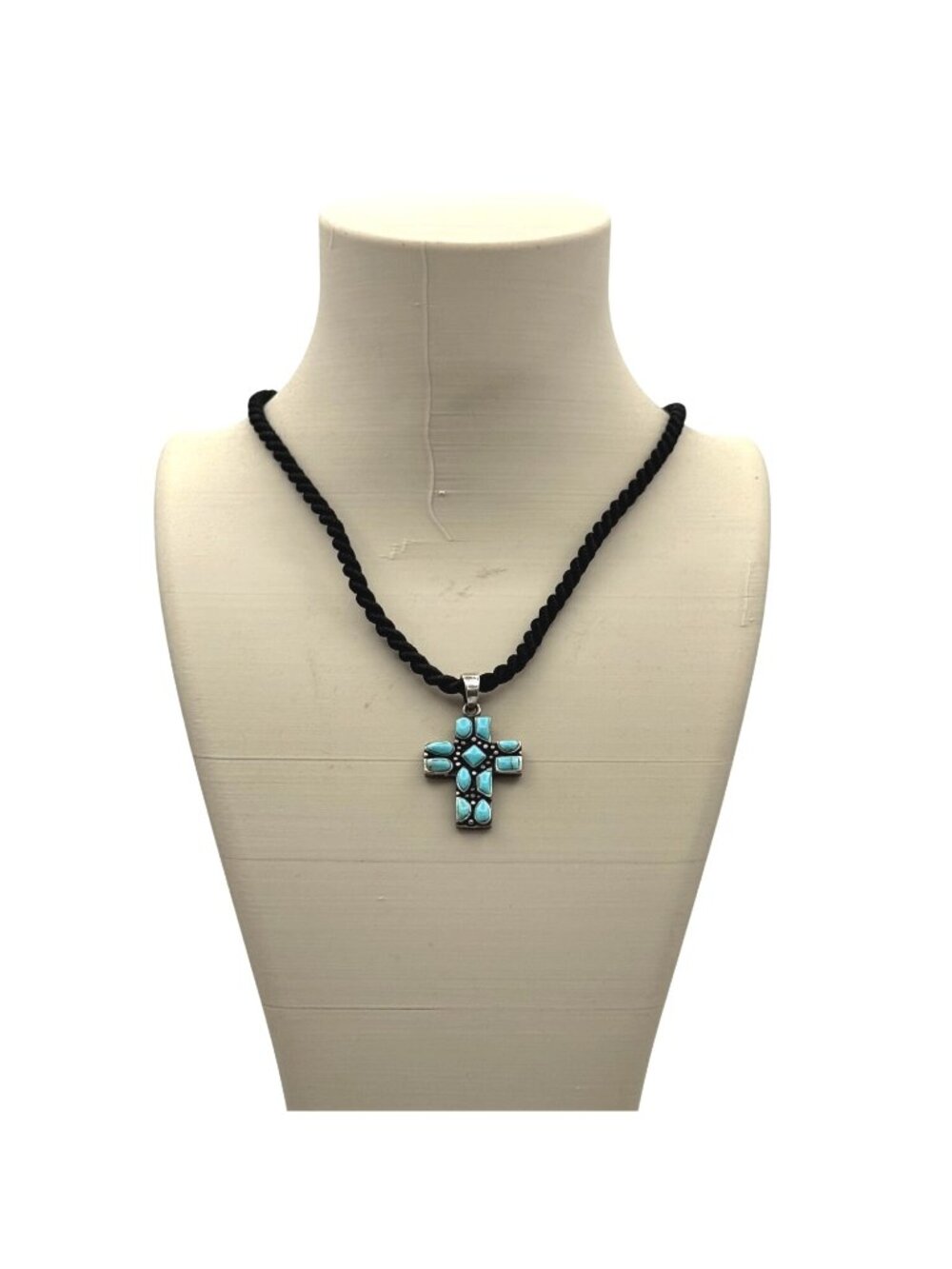 Sterling Turquoise Cross Pendant Necklace Black Cord 925 Silver Chain Southwest